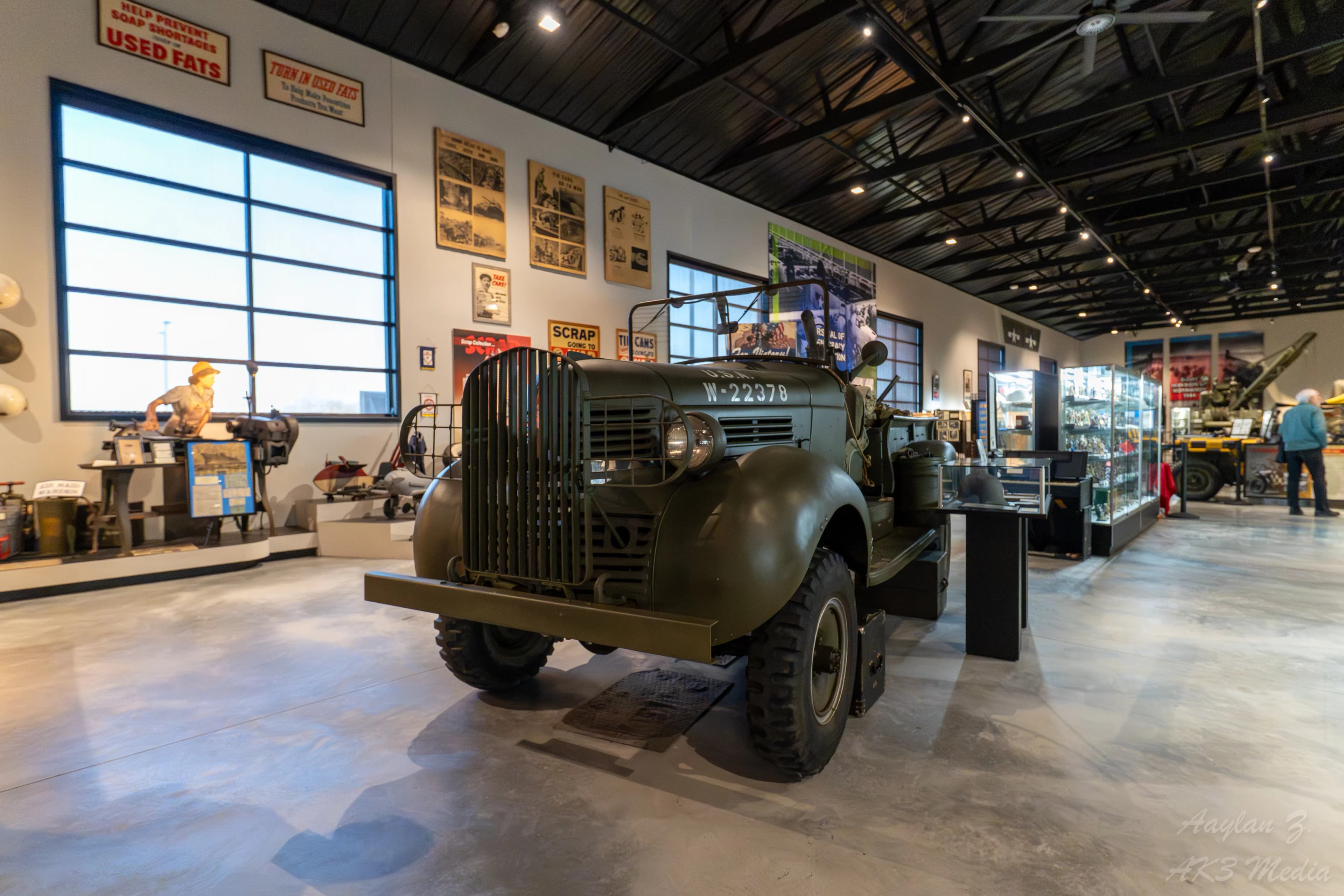 Exhibit hall with authentic WWII artifacts and displays