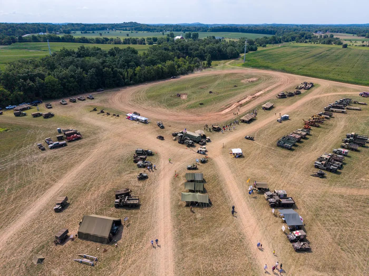 An aerial view of the vehicle field and encampments