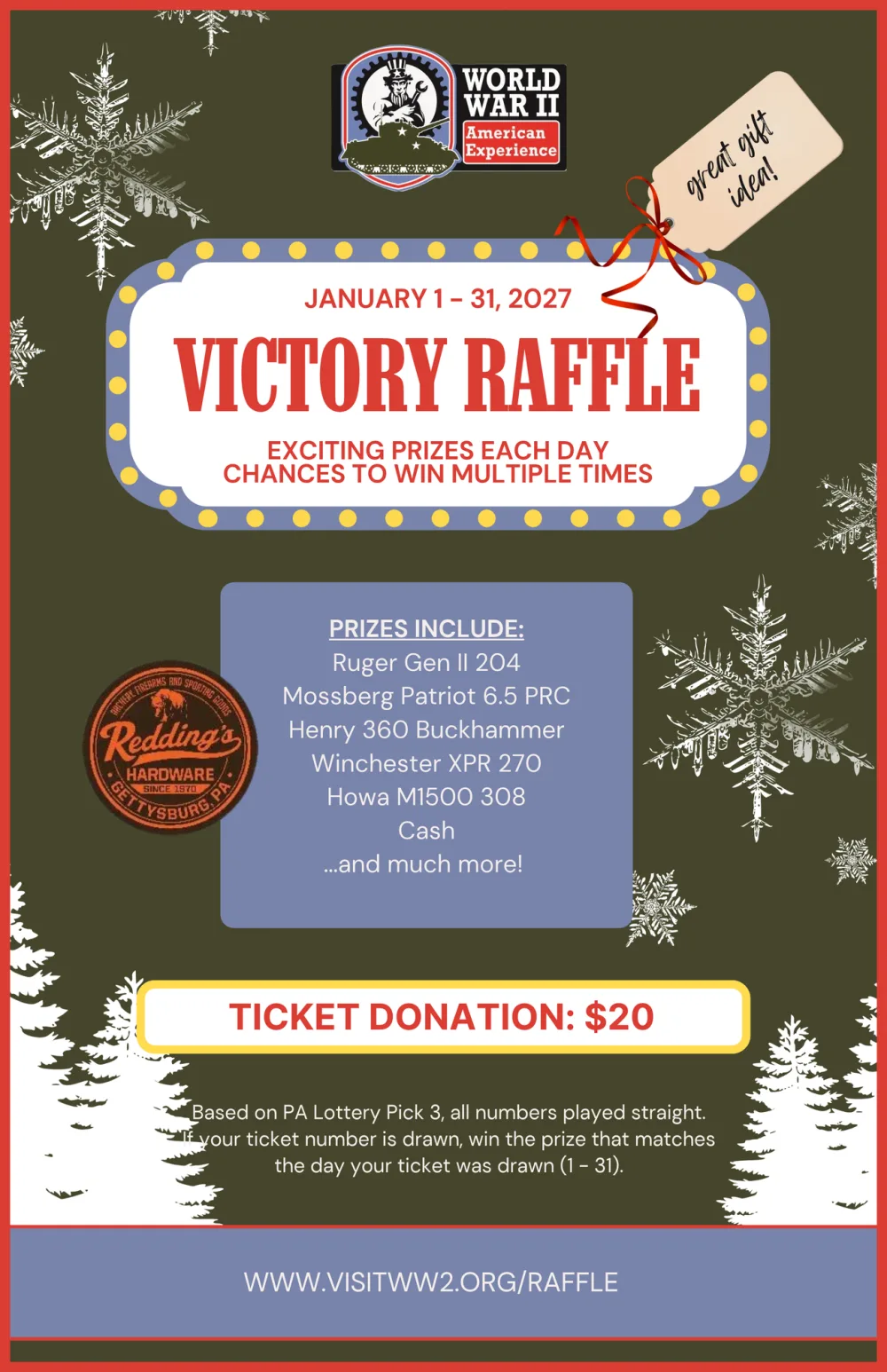 Victory Raffle flyer: January 1–31, 2027. Exciting prizes each day, chances to win multiple times. Prizes include a Ruger Gen II 204, Mossberg Patriot 6.5 PRC, Henry 360 Buckhammer, Winchester XPR 270, Howa M1500 308, cash, and much more. Ticket donation $20. Based on PA Lottery Pick 3, all numbers played straight.